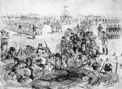 The Matabele Insurrection: A false alarm in Bulawayo, townspeople rushing into Laager, published in 